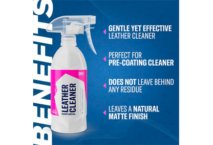 GYEON Q²M LeatherCleaner Natural皮革清潔噴霧，提供便捷高效的皮革清潔方案。韓國製中性pH配方，溫和而有效地去除汽車皮革座椅與內飾上的灰塵、污漬及油光。產品設計充分考慮後續保護，不含可能阻礙鍍膜結合的化學添加劑，使其成為GYEON皮革鍍膜系統的官方推薦前置清潔劑。500ml實惠裝。Project-Auto香港現貨供應。