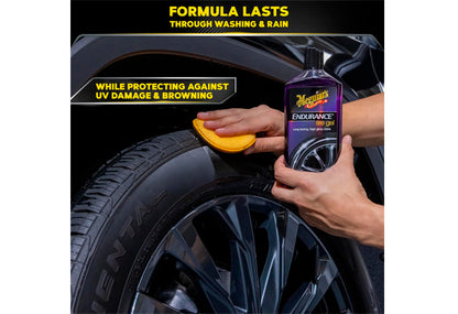 Meguiar's-Endurance High Gloss Tire Protectant 美光 輪呔特光亮持久保護液 恢復自然光澤 防止老化 防止龜裂 預防老化 預防龜裂 抗UV 紫外線防護 防止變啡 防止變黃 防止輪胎變啞色 持久光澤 長效保護 效果數星期 抵禦惡劣天氣 狂風暴雨 雨水沖刷 水浸 洗車後仍保持光澤