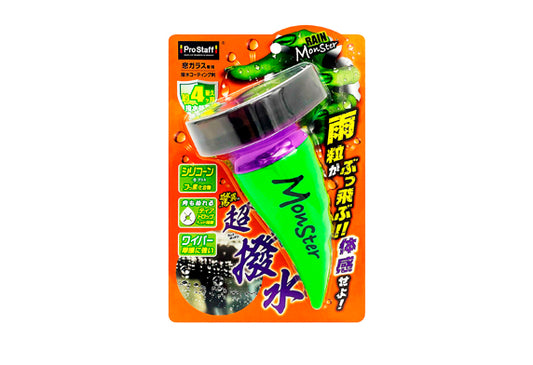 日本ProStaff怪物級別超防水塗層（RAIN MONSTER SPLASH, A-70），香港現貨發售。本品採用矽樹脂與氟化合物混合配方，能在玻璃表面形成強力撥水膜，超強撥水效果可持續約4個月。業界最大88x70mm水滴狀塗布墊，可快速均勻塗抹於寬廣玻璃表面，三角形尖端輕鬆處理邊角與隙縫，實現全面高效施工。香港雨季與颱風季節頻繁，本產品能確保突發大雨時視野清晰安全。Project-Auto香港汽車用品網店，滿HK$168免運費。
