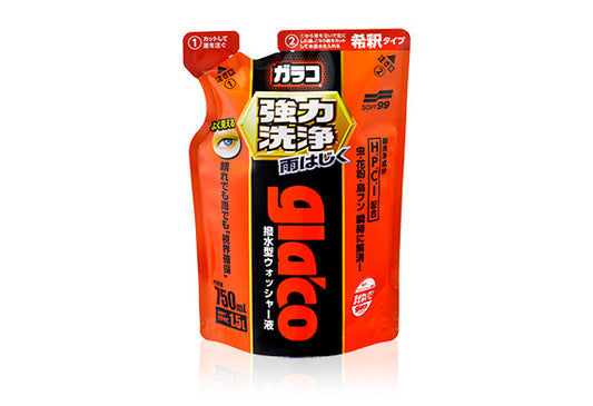 日本Soft99強力潔淨水潑水，香港現貨發售。濃縮型玻璃清潔劑，有效去除油性與蛋白質污漬，如昆蟲、花粉和鳥糞等頑固髒污。清潔同時形成均勻撥水膜，提升雨天視線。附漏斗方便注入存水箱，簡單步驟完成清潔與撥水護理。適用於汽車擋風玻璃與鏡面。Project-Auto香港汽車用品網店，滿HK$168免運費。