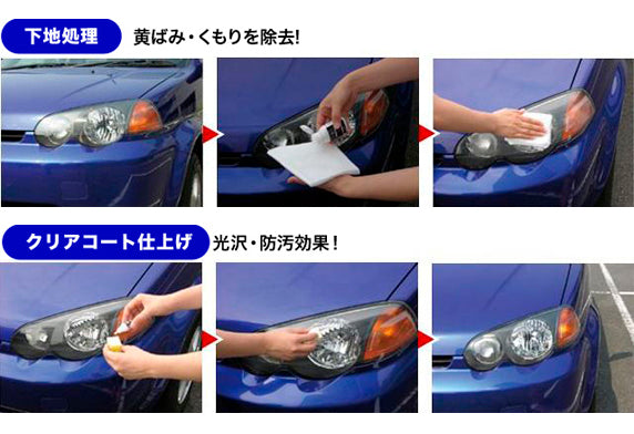 Soft99汽車燈罩修復套裝，專為恢復燈罩透明度與光澤設計。日本製去漬劑去除老化層，鍍膜劑提供抗紫外線與防污保護，效果持久約6個月。適用於頭燈、指揮燈、尾燈等透明樹脂部件。附專用海綿與纖維毛巾。Project-Auto香港現貨供應。