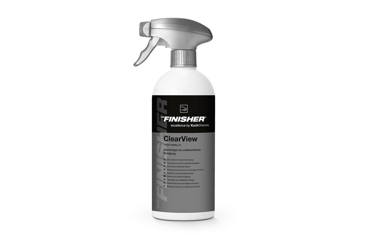 德國The Finisher ClearView玻璃清潔劑，香港現貨發售。本品為即用型玻璃清潔噴霧，能輕鬆去除油脂、指紋、道路塵埃與昆蟲殘漬。特殊配方添加光澤與平滑添加劑，使擦拭布順暢滑動，顯著減少清潔時的阻力與摩擦感，輕鬆實現無痕無紋的明亮效果。對車輛隔熱紙、感應器及防潑水塗層溫和無害，特別適合已貼隔熱紙或加裝ADAS感應器的香港車主。500ml容量，適用於汽車前後擋風玻璃、側窗、後視鏡，乃至家居鏡面與顯示器。香港行車環境繁忙，擋風玻璃易沾油膜與塵埃，本品能有效應對。Project-Auto香港汽車用品網店，滿HK$168免運費。