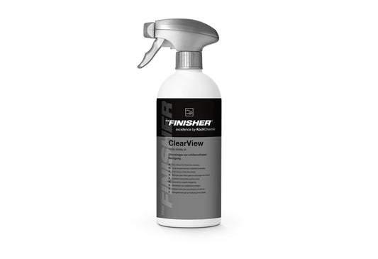 德國The Finisher ClearView玻璃清潔劑，香港現貨發售。本品為即用型玻璃清潔噴霧，能輕鬆去除油脂、指紋、道路塵埃與昆蟲殘漬。特殊配方添加光澤與平滑添加劑，使擦拭布順暢滑動，顯著減少清潔時的阻力與摩擦感，輕鬆實現無痕無紋的明亮效果。對車輛隔熱紙、感應器及防潑水塗層溫和無害，特別適合已貼隔熱紙或加裝ADAS感應器的香港車主。500ml容量，適用於汽車前後擋風玻璃、側窗、後視鏡，乃至家居鏡面與顯示器。香港行車環境繁忙，擋風玻璃易沾油膜與塵埃，本品能有效應對。Project-Auto香港汽車用品網店，滿HK$168免運費。