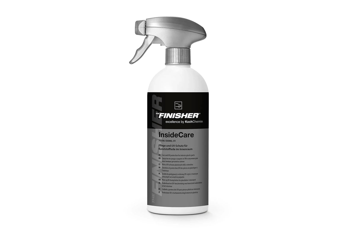 德國The Finisher InsideCare塑料內飾保養劑，香港現貨發售。本品專為汽車未塗裝塑料內飾設計，能提供持久的保護與煥然一新的視覺效果。特殊抗UV配方有效防止塑料件因日曬而褪色、老化。抗靜電效果可減少灰塵附著，預防再次髒污。使用後呈現絲綢般柔和的啞光質感，加深原有色澤，不會留下油亮反光亦不黏塵。作為The Finisher系列的專業養護產品，建議清潔後（先使用InsideUp深層清潔）作為最終步驟。香港夏季陽光猛烈，內裝塑料極易老化，本品能有效應對。Project-Auto香港汽車用品網店，滿HK$168免運費。